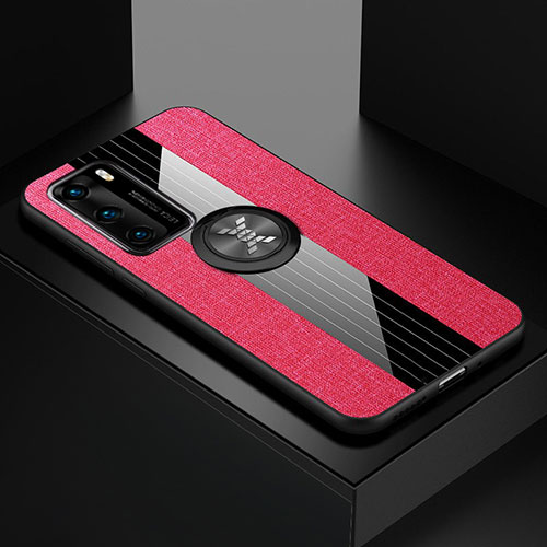 Ultra-thin Silicone Gel Soft Case Cover with Magnetic Finger Ring Stand for Huawei P40 Hot Pink