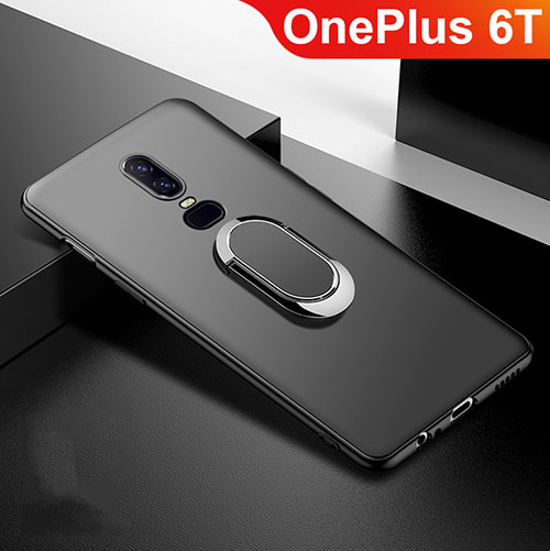 Ultra-thin Silicone Gel Soft Case Cover with Magnetic Finger Ring Stand for OnePlus 6T Black