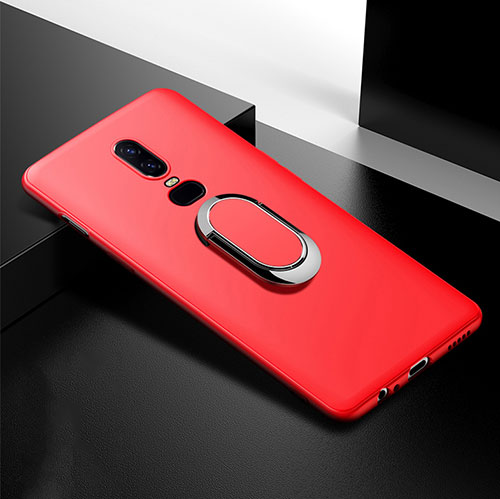 Ultra-thin Silicone Gel Soft Case Cover with Magnetic Finger Ring Stand for OnePlus 6T Red