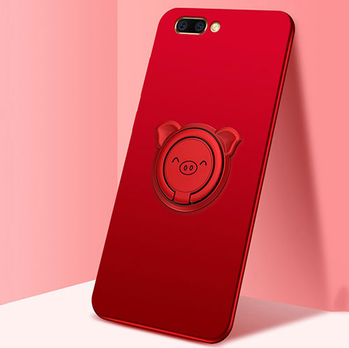 Ultra-thin Silicone Gel Soft Case Cover with Magnetic Finger Ring Stand for Oppo A12e Red