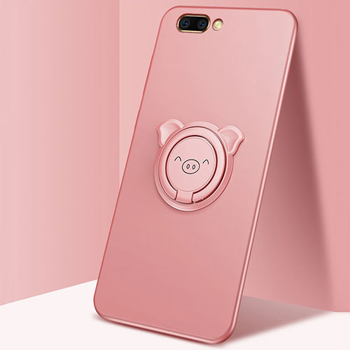 Ultra-thin Silicone Gel Soft Case Cover with Magnetic Finger Ring Stand for Oppo A5 Rose Gold