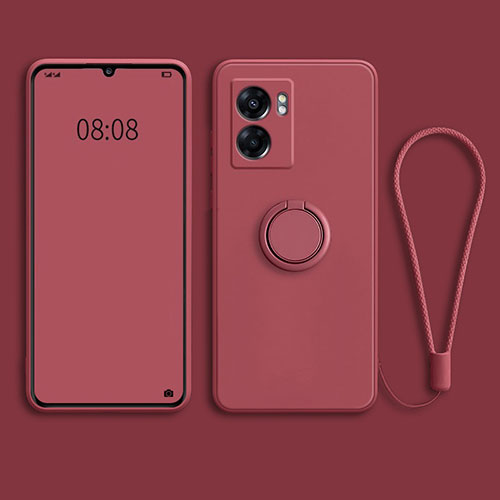 Ultra-thin Silicone Gel Soft Case Cover with Magnetic Finger Ring Stand for Oppo A77 5G Red