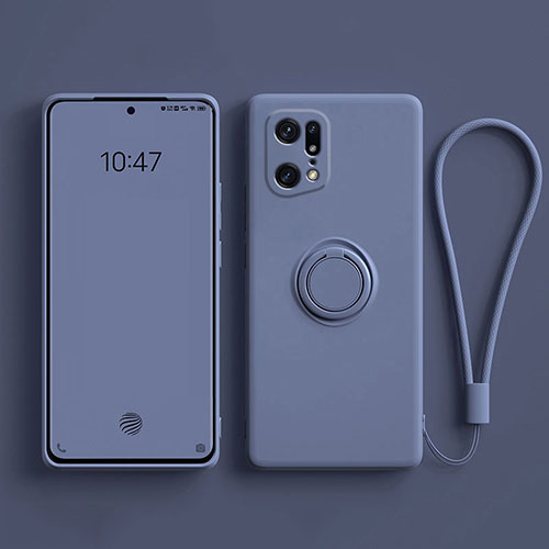 Ultra-thin Silicone Gel Soft Case Cover with Magnetic Finger Ring Stand for Oppo Find X5 Pro 5G Lavender Gray