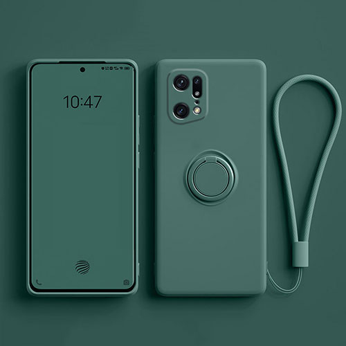 Ultra-thin Silicone Gel Soft Case Cover with Magnetic Finger Ring Stand for Oppo Find X5 Pro 5G Midnight Green