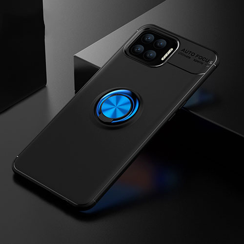 Ultra-thin Silicone Gel Soft Case Cover with Magnetic Finger Ring Stand for Oppo Reno4 Lite Blue and Black