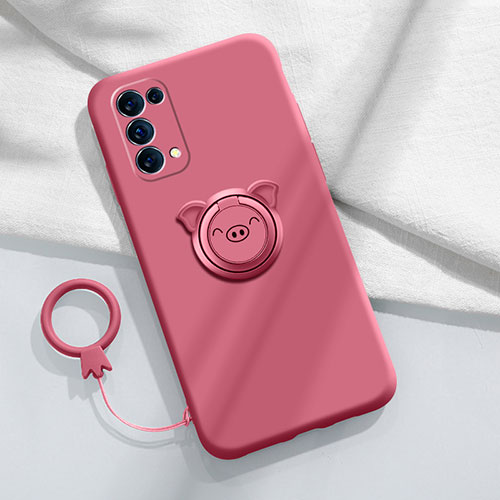 Ultra-thin Silicone Gel Soft Case Cover with Magnetic Finger Ring Stand for Oppo Reno5 Pro 5G Red Wine