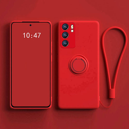 Ultra-thin Silicone Gel Soft Case Cover with Magnetic Finger Ring Stand for Oppo Reno6 5G Red