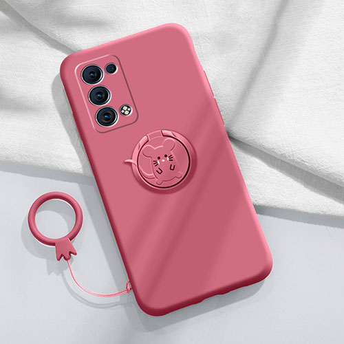 Ultra-thin Silicone Gel Soft Case Cover with Magnetic Finger Ring Stand for Oppo Reno6 Pro 5G Red