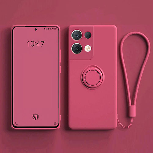 Ultra-thin Silicone Gel Soft Case Cover with Magnetic Finger Ring Stand for Oppo Reno9 Pro 5G Hot Pink