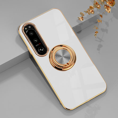 Ultra-thin Silicone Gel Soft Case Cover with Magnetic Finger Ring Stand for Sony Xperia 10 IV SOG07 White