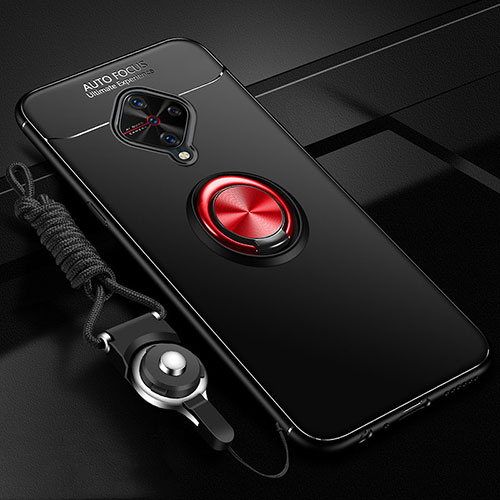 Ultra-thin Silicone Gel Soft Case Cover with Magnetic Finger Ring Stand for Vivo S1 Pro Red and Black