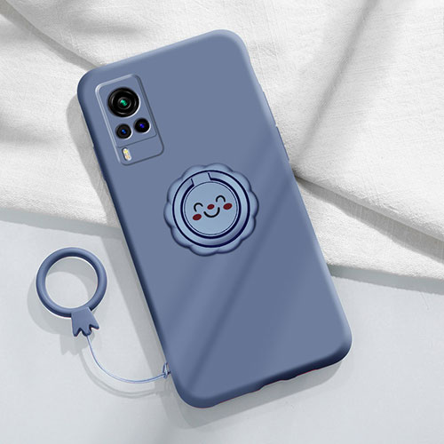 Ultra-thin Silicone Gel Soft Case Cover with Magnetic Finger Ring Stand for Vivo X60 5G Lavender Gray