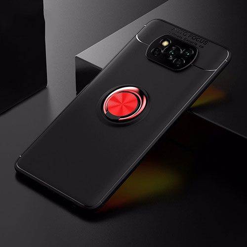 Ultra-thin Silicone Gel Soft Case Cover with Magnetic Finger Ring Stand for Xiaomi Poco X3 Red and Black