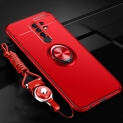 Ultra-thin Silicone Gel Soft Case Cover with Magnetic Finger Ring Stand for Xiaomi Redmi 9 Prime India Red