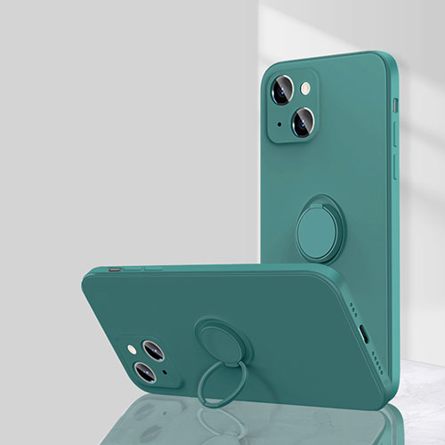 Ultra-thin Silicone Gel Soft Case Cover with Magnetic Finger Ring Stand G01 for Apple iPhone 15 Green