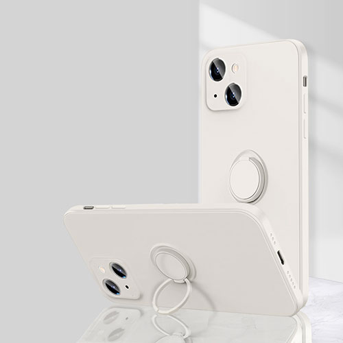 Ultra-thin Silicone Gel Soft Case Cover with Magnetic Finger Ring Stand G01 for Apple iPhone 15 Plus White