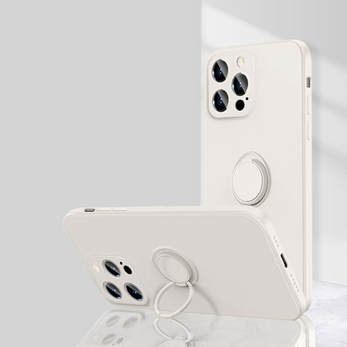 Ultra-thin Silicone Gel Soft Case Cover with Magnetic Finger Ring Stand G01 for Apple iPhone 15 Pro Max White