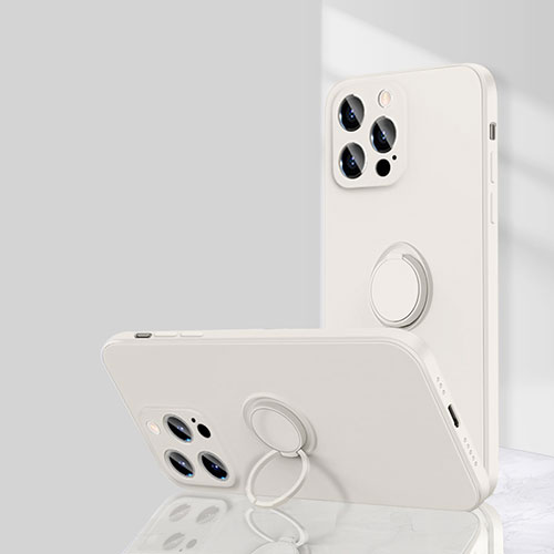 Ultra-thin Silicone Gel Soft Case Cover with Magnetic Finger Ring Stand G01 for Apple iPhone 16 Pro Max White