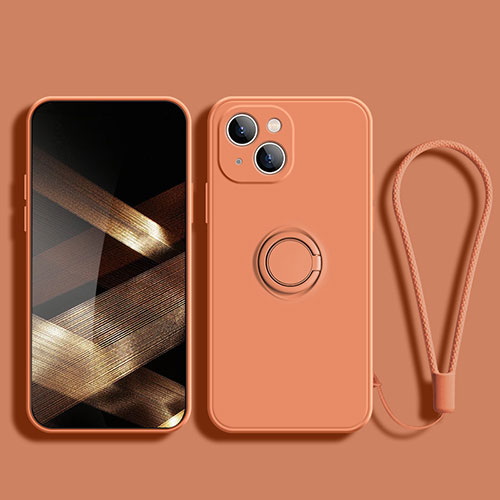 Ultra-thin Silicone Gel Soft Case Cover with Magnetic Finger Ring Stand G02 for Apple iPhone 15 Orange