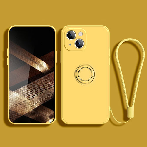 Ultra-thin Silicone Gel Soft Case Cover with Magnetic Finger Ring Stand G02 for Apple iPhone 15 Yellow