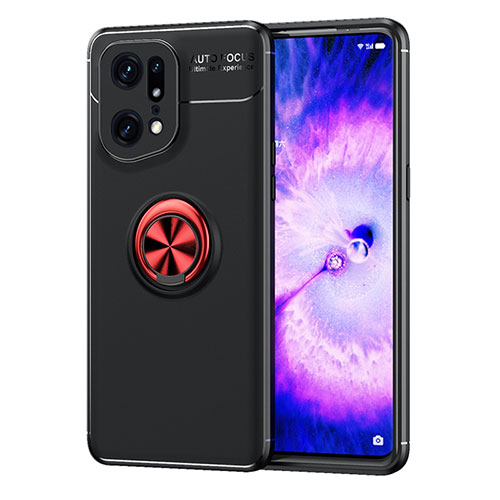 Ultra-thin Silicone Gel Soft Case Cover with Magnetic Finger Ring Stand JM1 for Oppo Find X5 Pro 5G Red and Black