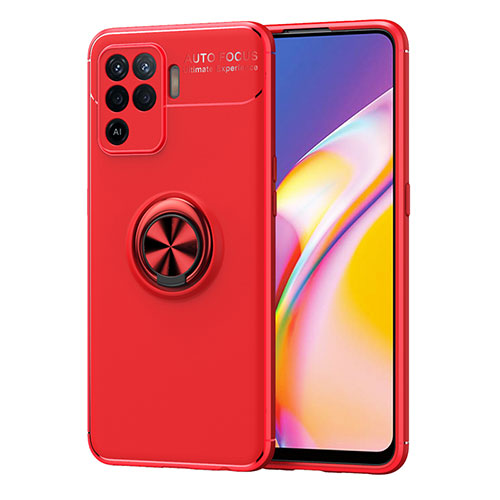 Ultra-thin Silicone Gel Soft Case Cover with Magnetic Finger Ring Stand JM1 for Oppo Reno5 Lite Red