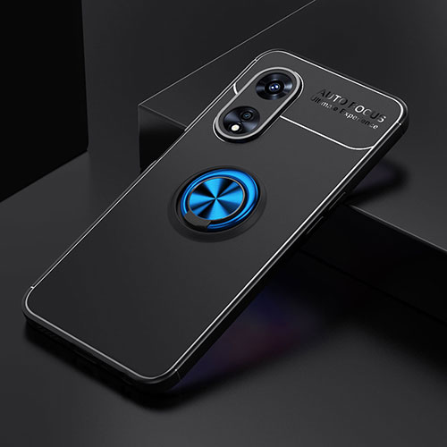 Ultra-thin Silicone Gel Soft Case Cover with Magnetic Finger Ring Stand JM2 for Oppo A78 5G Blue and Black