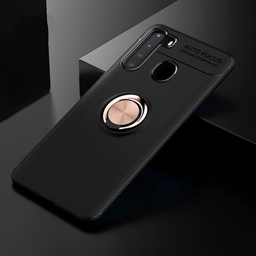 Ultra-thin Silicone Gel Soft Case Cover with Magnetic Finger Ring Stand JM2 for Samsung Galaxy A21 Gold and Black