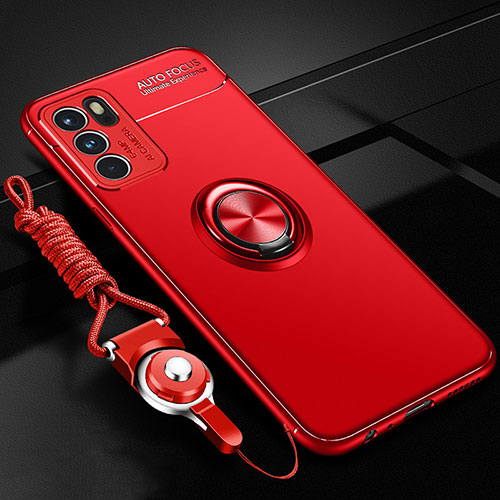 Ultra-thin Silicone Gel Soft Case Cover with Magnetic Finger Ring Stand JM3 for Oppo Reno6 Pro 5G India Red