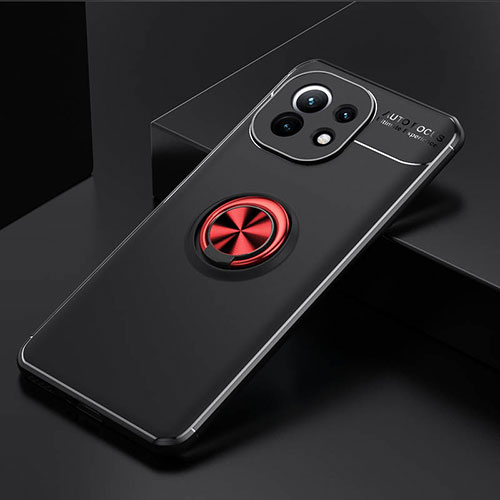 Ultra-thin Silicone Gel Soft Case Cover with Magnetic Finger Ring Stand K01 for Xiaomi Mi 11 Lite 5G NE Red and Black