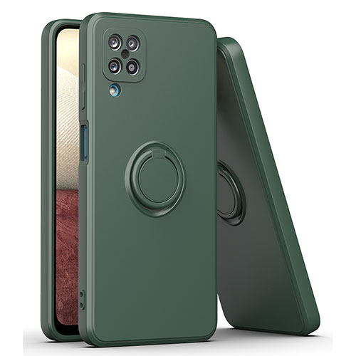 Ultra-thin Silicone Gel Soft Case Cover with Magnetic Finger Ring Stand QW1 for Samsung Galaxy A12 Nacho Midnight Green