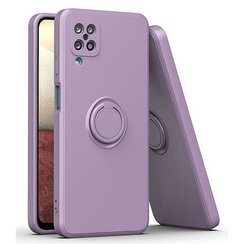 Ultra-thin Silicone Gel Soft Case Cover with Magnetic Finger Ring Stand QW1 for Samsung Galaxy F12 Purple