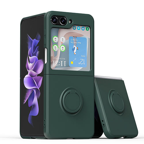 Ultra-thin Silicone Gel Soft Case Cover with Magnetic Finger Ring Stand QW1 for Samsung Galaxy Z Flip5 5G Midnight Green