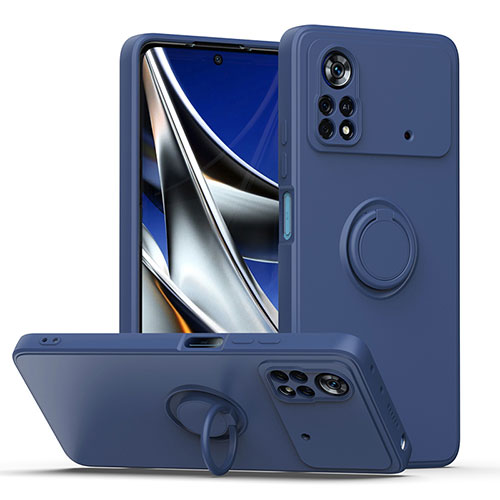 Ultra-thin Silicone Gel Soft Case Cover with Magnetic Finger Ring Stand QW1 for Xiaomi Poco X4 Pro 5G Blue