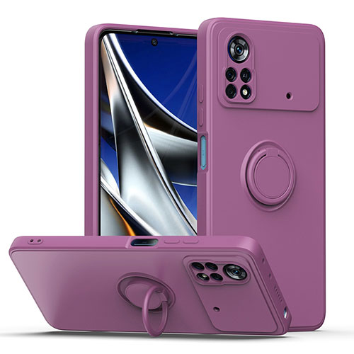 Ultra-thin Silicone Gel Soft Case Cover with Magnetic Finger Ring Stand QW1 for Xiaomi Poco X4 Pro 5G Purple