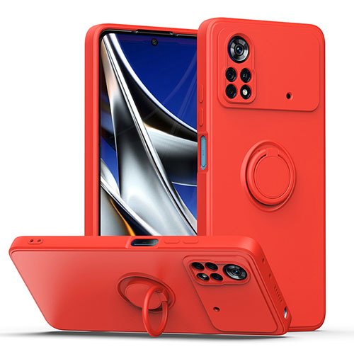 Ultra-thin Silicone Gel Soft Case Cover with Magnetic Finger Ring Stand QW1 for Xiaomi Poco X4 Pro 5G Red