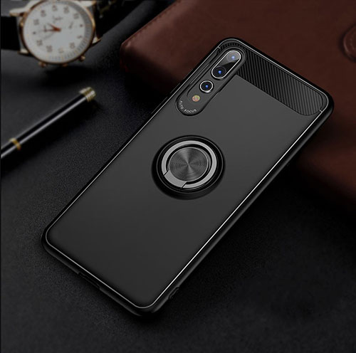 Ultra-thin Silicone Gel Soft Case Cover with Magnetic Finger Ring Stand S01 for Huawei P20 Pro Black