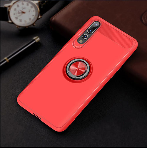 Ultra-thin Silicone Gel Soft Case Cover with Magnetic Finger Ring Stand S01 for Huawei P20 Pro Red