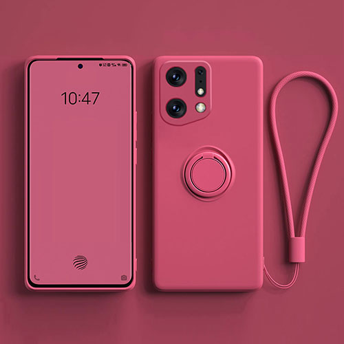 Ultra-thin Silicone Gel Soft Case Cover with Magnetic Finger Ring Stand S01 for Oppo Find X5 Pro 5G Hot Pink