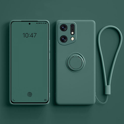 Ultra-thin Silicone Gel Soft Case Cover with Magnetic Finger Ring Stand S01 for Oppo Find X5 Pro 5G Midnight Green