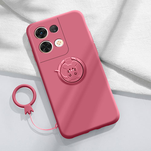 Ultra-thin Silicone Gel Soft Case Cover with Magnetic Finger Ring Stand S01 for Oppo Reno9 Pro+ Plus 5G Hot Pink