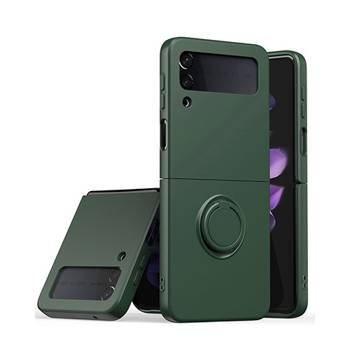 Ultra-thin Silicone Gel Soft Case Cover with Magnetic Finger Ring Stand S01 for Samsung Galaxy Z Flip3 5G Midnight Green