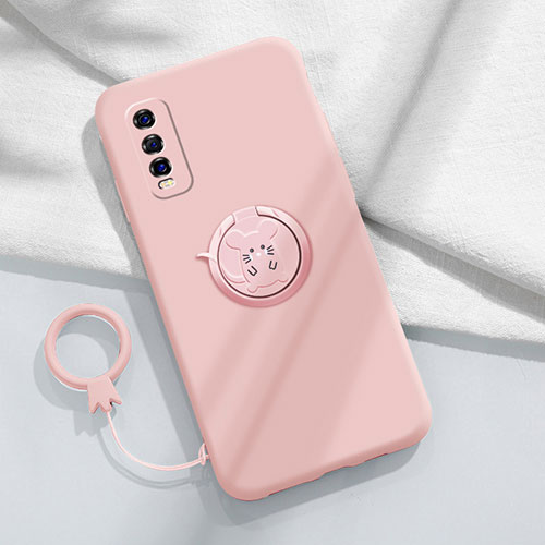 Ultra-thin Silicone Gel Soft Case Cover with Magnetic Finger Ring Stand S01 for Vivo iQOO U1 Pink