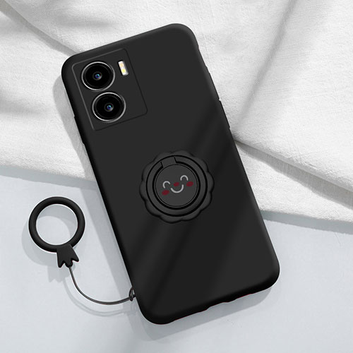 Ultra-thin Silicone Gel Soft Case Cover with Magnetic Finger Ring Stand S01 for Vivo iQOO Z7 5G Black