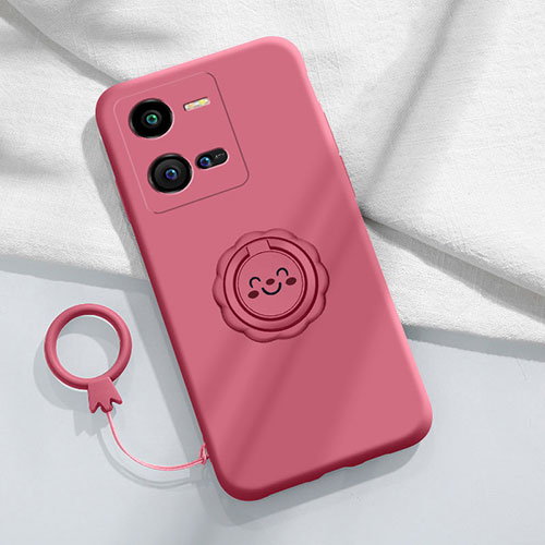 Ultra-thin Silicone Gel Soft Case Cover with Magnetic Finger Ring Stand S01 for Vivo V25e Hot Pink