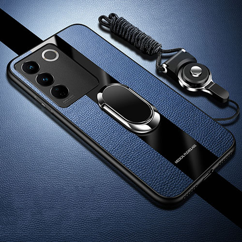 Ultra-thin Silicone Gel Soft Case Cover with Magnetic Finger Ring Stand S01 for Vivo V27 5G Blue