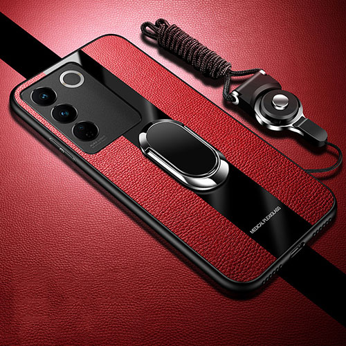 Ultra-thin Silicone Gel Soft Case Cover with Magnetic Finger Ring Stand S01 for Vivo V27e 5G Red