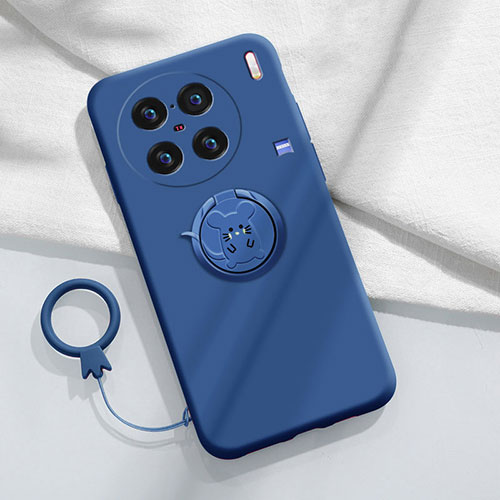 Ultra-thin Silicone Gel Soft Case Cover with Magnetic Finger Ring Stand S01 for Vivo X90 Pro+ Plus 5G Blue