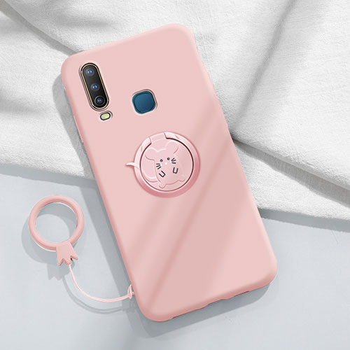 Ultra-thin Silicone Gel Soft Case Cover with Magnetic Finger Ring Stand S01 for Vivo Y15 Pink