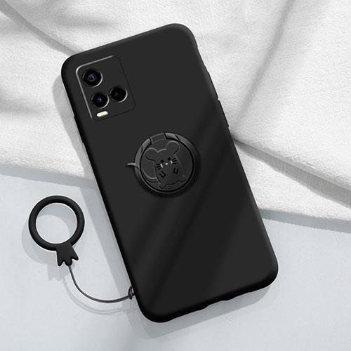 Ultra-thin Silicone Gel Soft Case Cover with Magnetic Finger Ring Stand S01 for Vivo Y21G Black